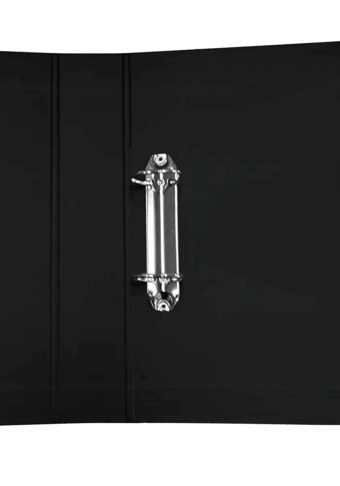 Close-up view of a binder clip attached to a black folder, showcasing its metallic fastener.