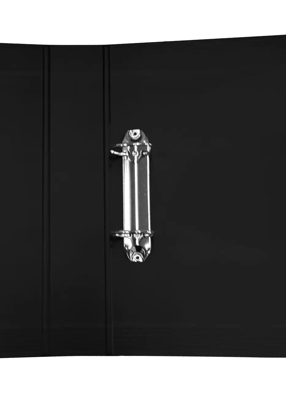 Close-up view of a binder clip attached to a black folder, showcasing its metallic fastener.