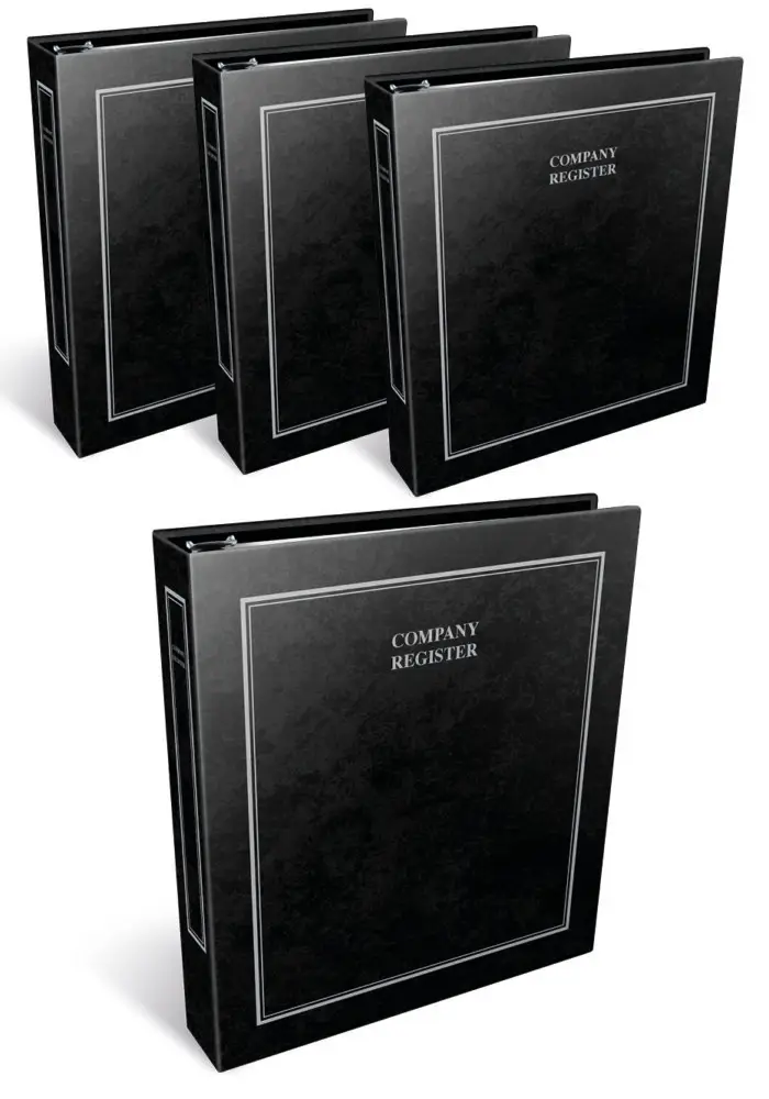 Four black binders labeled 'Company Register,' organized for business documentation.