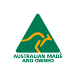 Alt text: Logo showing a green triangular sign with a yellow kangaroo in the center, alongside the text "AUSTRALIAN MADE AND OWNED" against a black background.