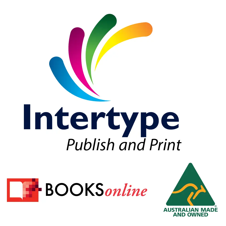 Visual representation of the Intertype logo and branding, featuring colorful swirls, the text "Intertype Publish and Print," the BOOKSonline logo, and the Australian Made logo.