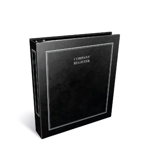 A sleek black binder labeled "Company Register," designed for organizing corporate documents.