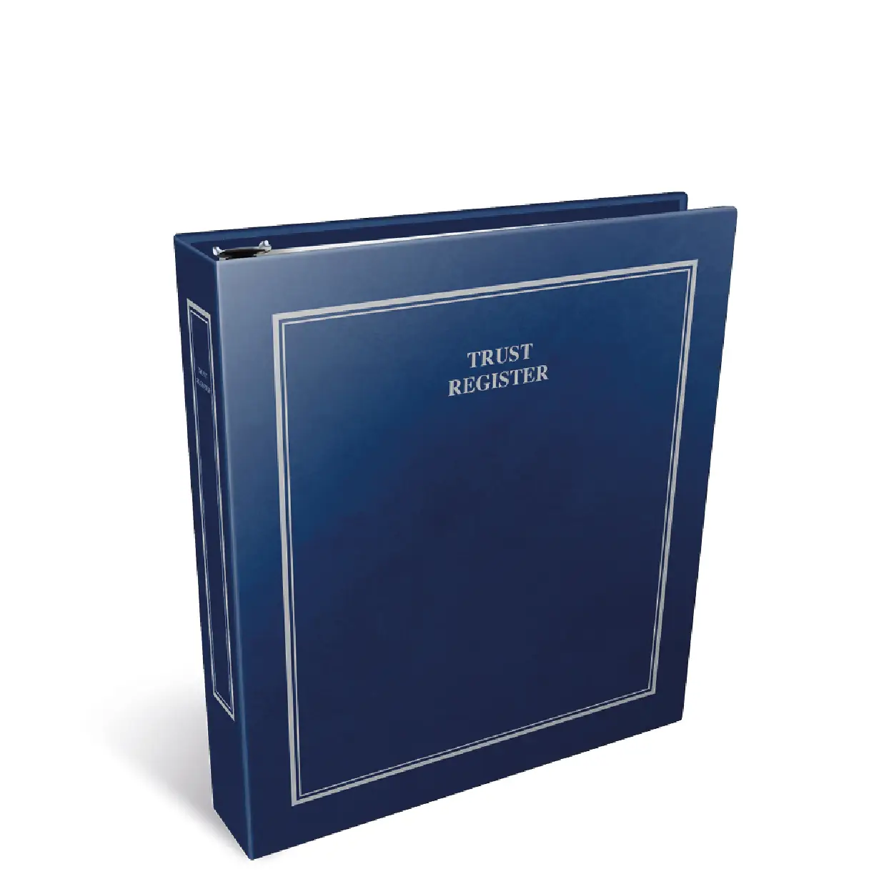 Trust Register Binder A blue binder labeled "Trust Register" with a silver border design, angled slightly to show its spine and cover.